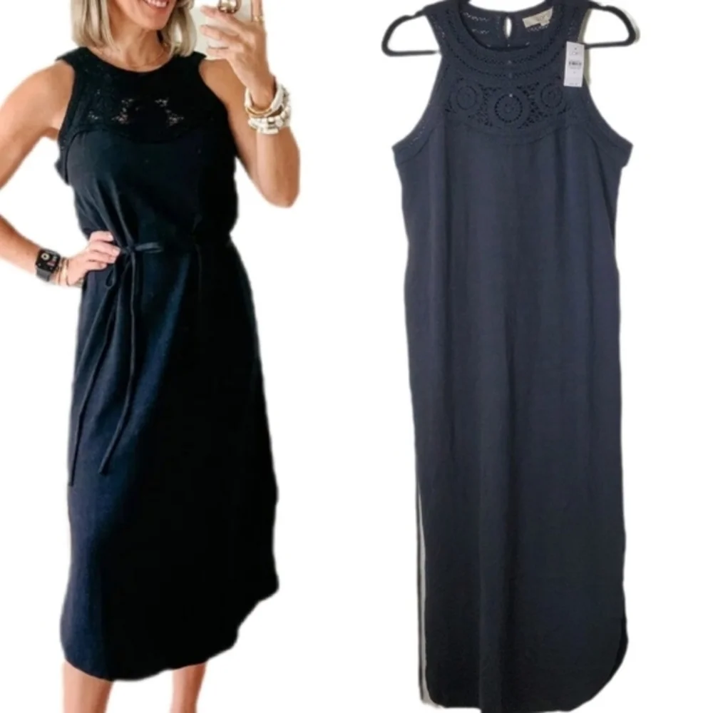 LOFT NWT‎ Women's Black Crochet Halter Neck Sleeveless Knit Cotton Midi Dress